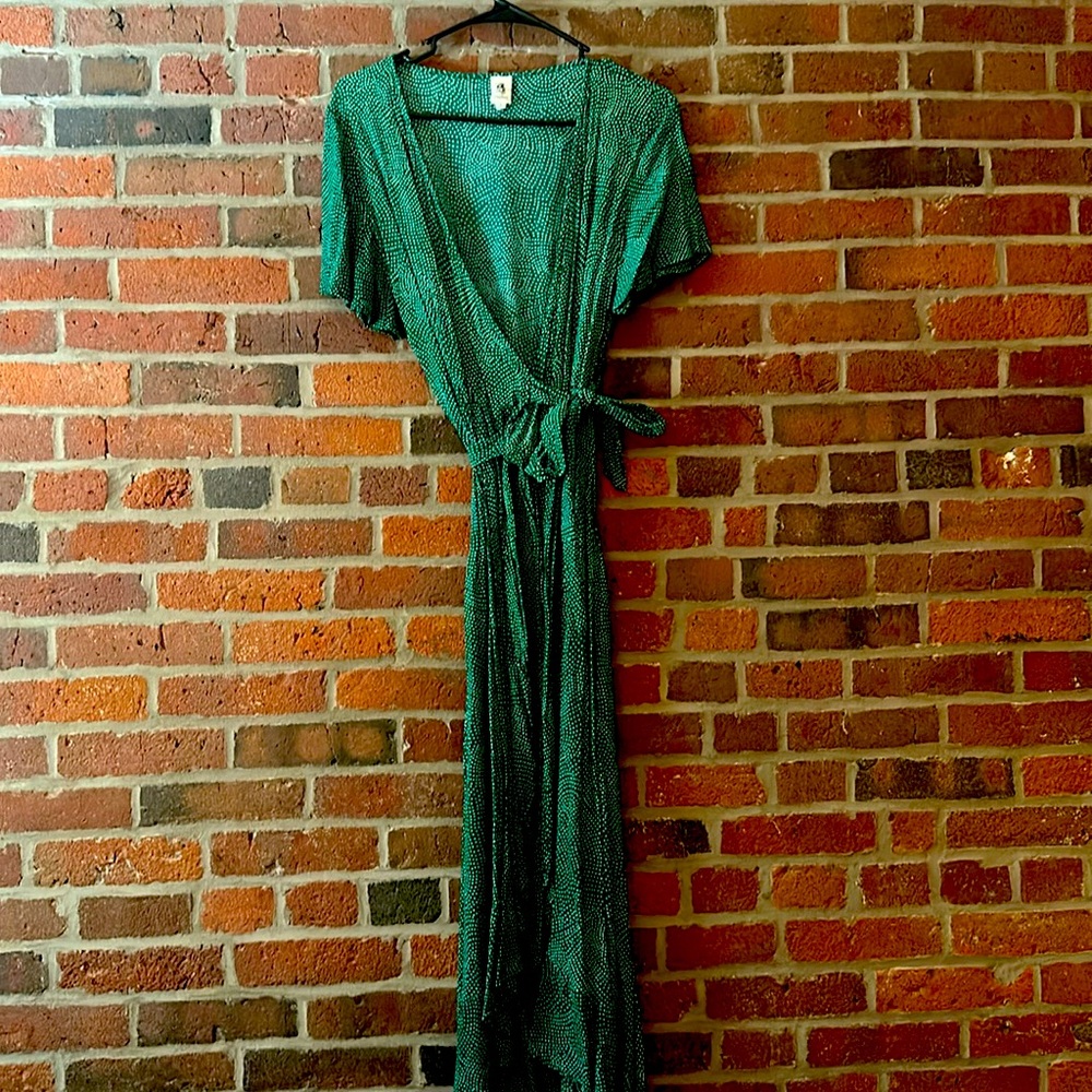 Green and white dot wrap dress worn once